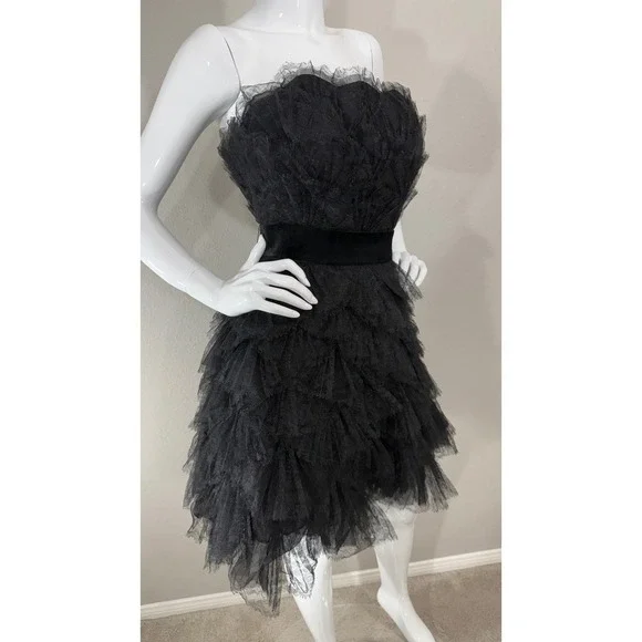 Tadashi Shoji Black Tulle Ruffled Silk Contrast Strapless Bustier Dress Sz 4 - Picture 6 of 12